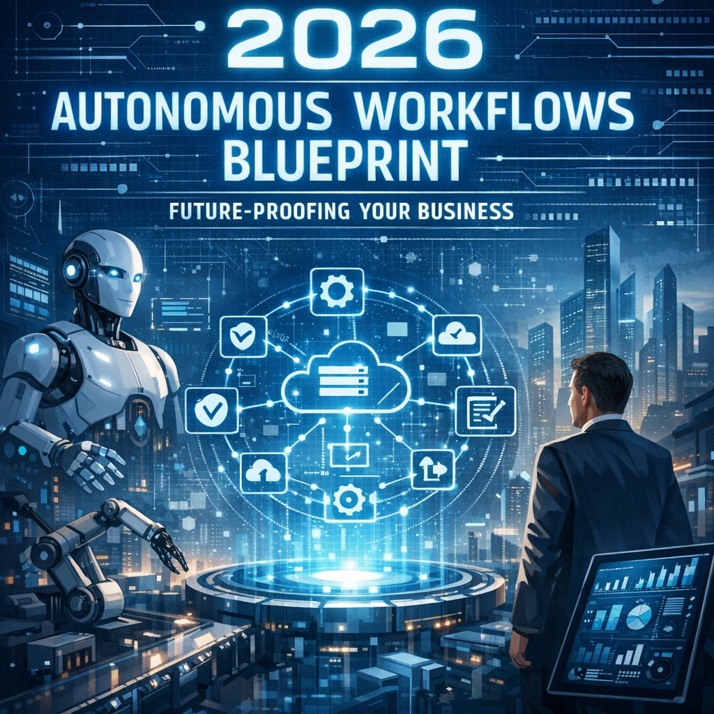 Blueprint of an autonomous workflow system highlighted by tech icons for AI, ML, and RPA, labeled '2026'.
