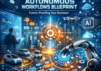 Illustration of AI, robotics, drones, and smart vehicles in a blueprint layout for 2026 autonomous workflows.