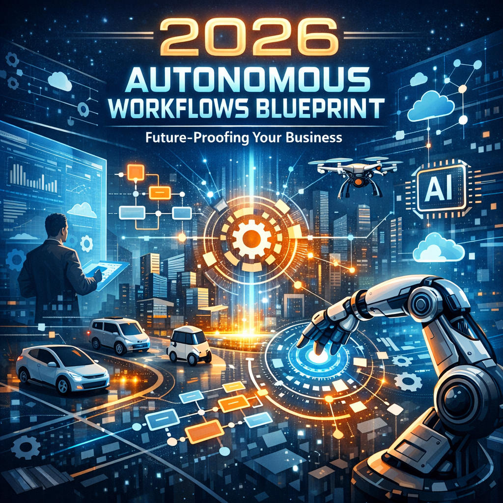 Illustration of AI, robotics, drones, and smart vehicles in a blueprint layout for 2026 autonomous workflows.