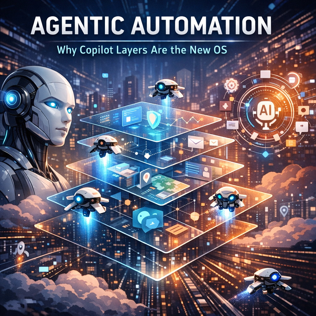 Futuristic digital interface showcasing AI copilot layers and automation trends.