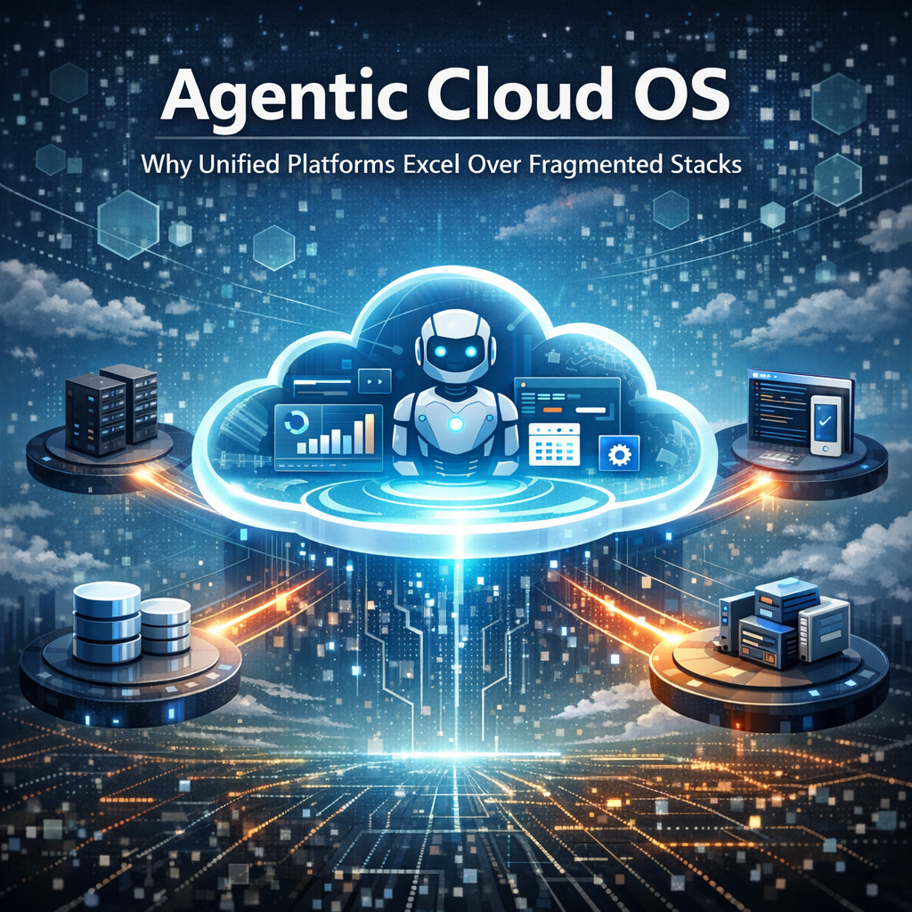 Illustration of Agentic Cloud OS as a centralized network connecting multiple fragmented data systems.