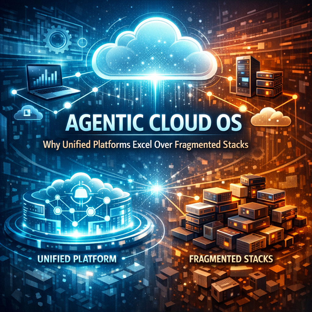 A graphic comparison of Agentic Cloud OS's unified platform versus fragmented stacks, emphasizing efficiency in cloud computi