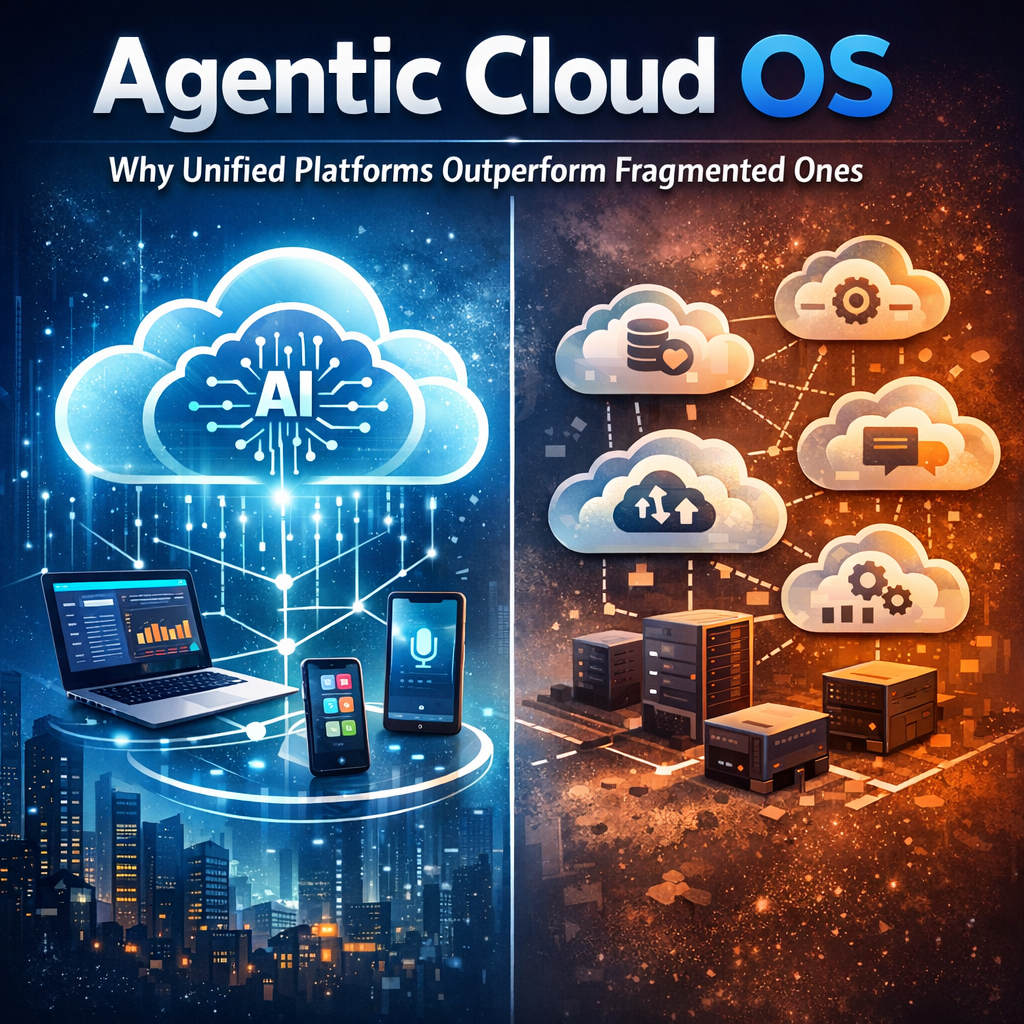 Graphic of Agentic Cloud OS interface highlighting advantages of unified cloud platforms with AI features.