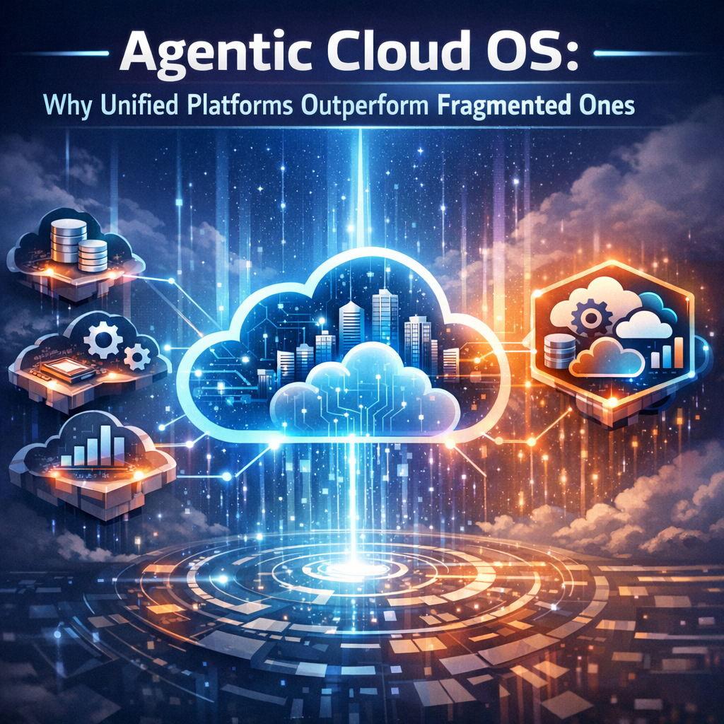 Graphic of Agentic Cloud OS highlighting benefits of unified cloud platforms over fragmented systems with digital imagery.