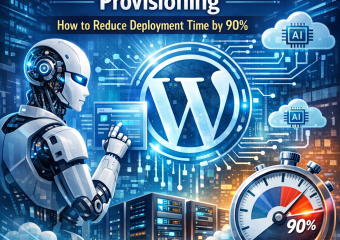 Diagram illustrating AI-driven WordPress provisioning process with a 90% reduction in deployment time.