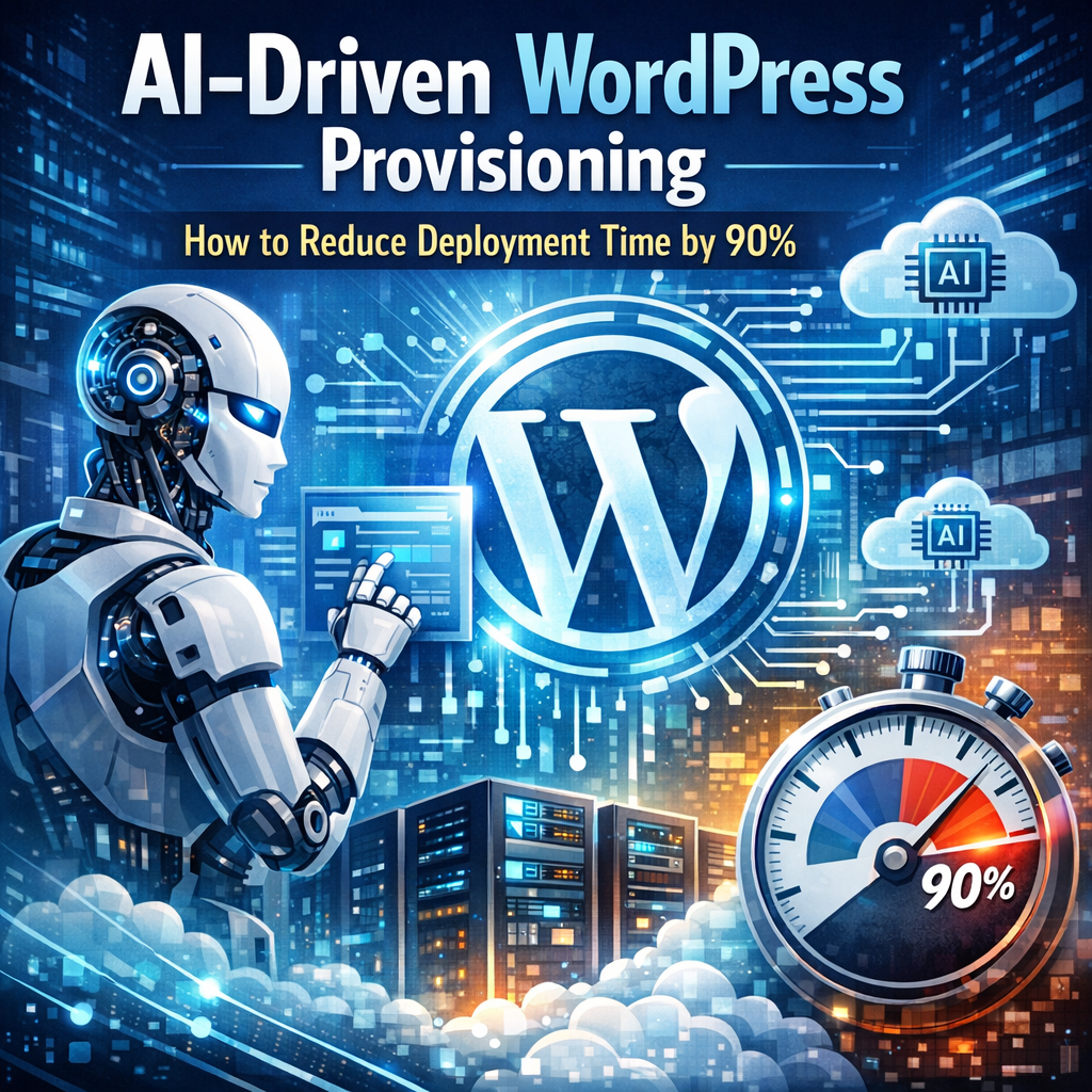 Diagram illustrating AI-driven WordPress provisioning process with a 90% reduction in deployment time.