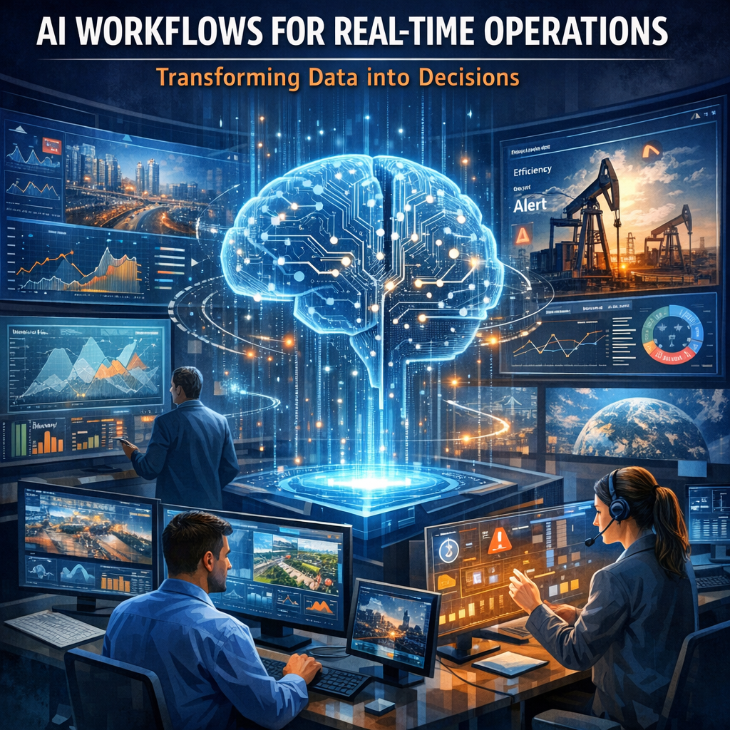 Illustration of AI workflows processing real-time data for industrial decision-making.