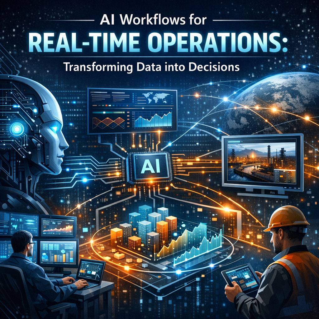 Graphical representation of AI workflows processing data in real-time for decision-making in an industrial environment.