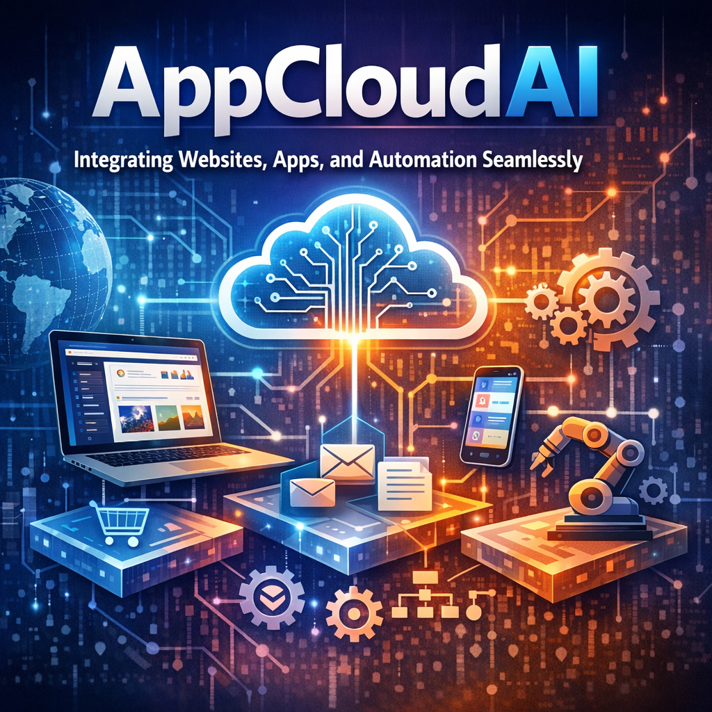 Graphic of AppCloudAI platform showing interconnected icons of websites, apps, and automation tools.