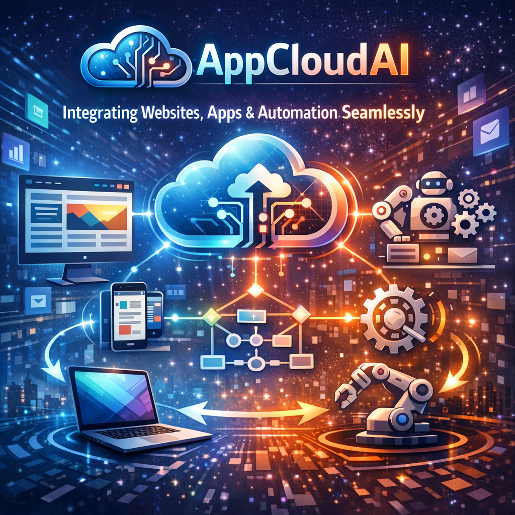 Illustration of AppCloudAI platform showing seamless integration of websites, apps, and automation.