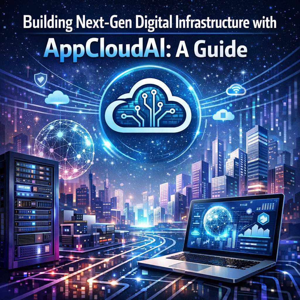 Cloud computing and AI concept for AppCloudAI digital infrastructure guide, illustrating advanced network and data icons.