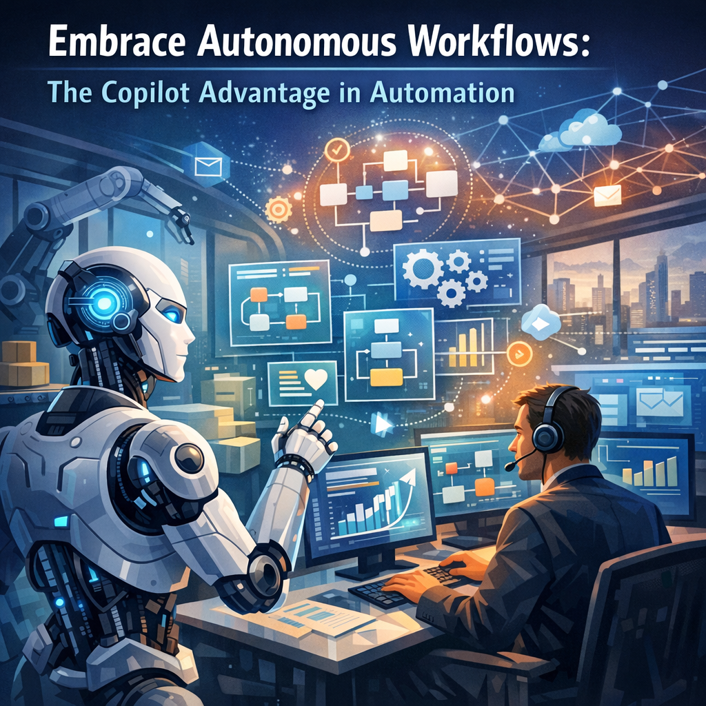 Futuristic robot and human collaborating on digital interfaces for autonomous workflow automation.