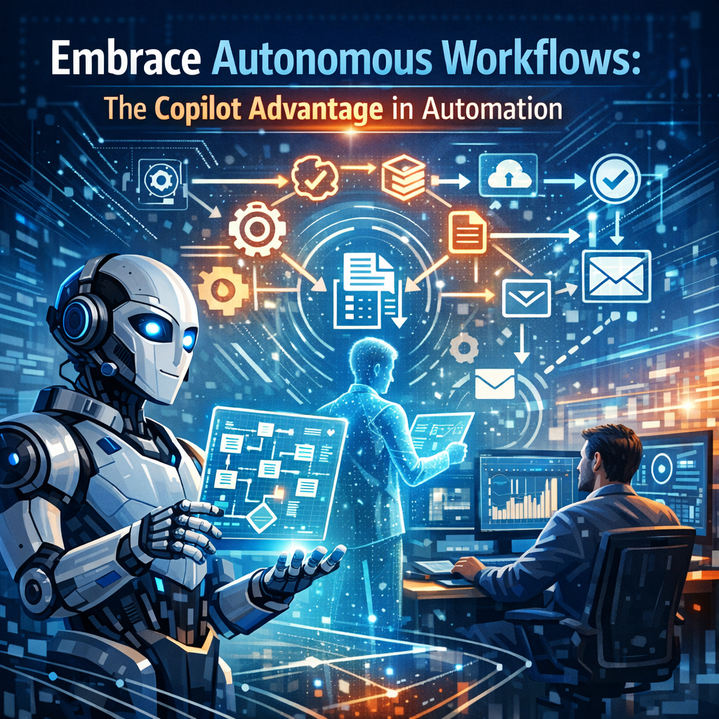 Futuristic AI robot and human collaborating on a digital interface for autonomous workflow automation.