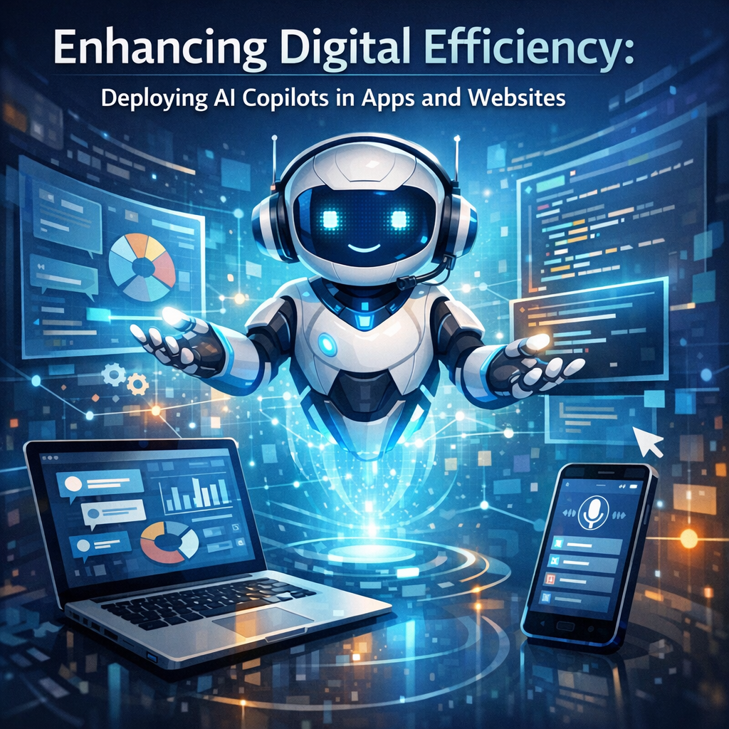 Graphic of a humanoid robot interacting with digital interfaces of apps and websites, symbolizing AI copilot deployment.