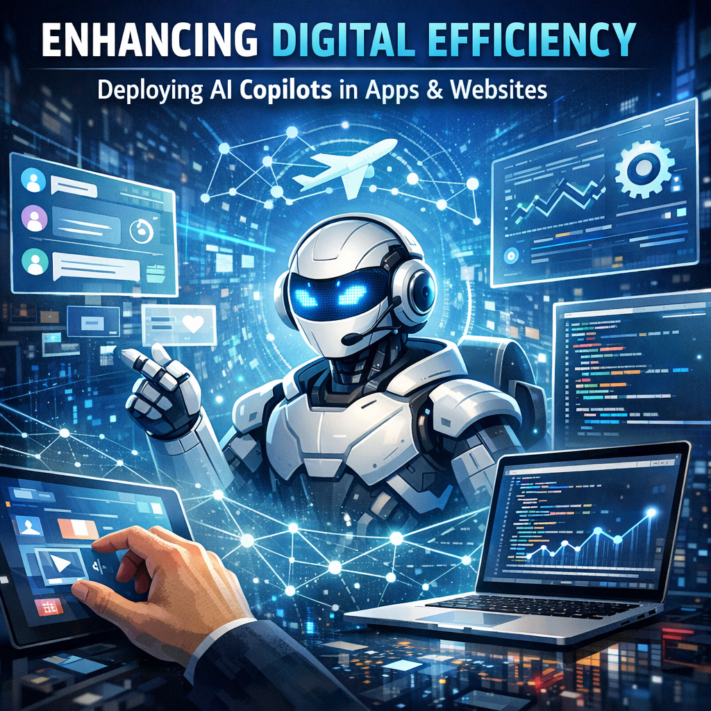 Illustration of an AI copilot interacting with digital apps and data on multiple screens.