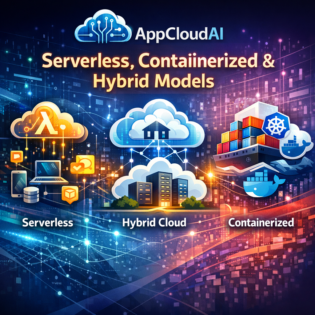Graphic of AppCloudAI showcasing serverless, containerized, and hybrid cloud models.
