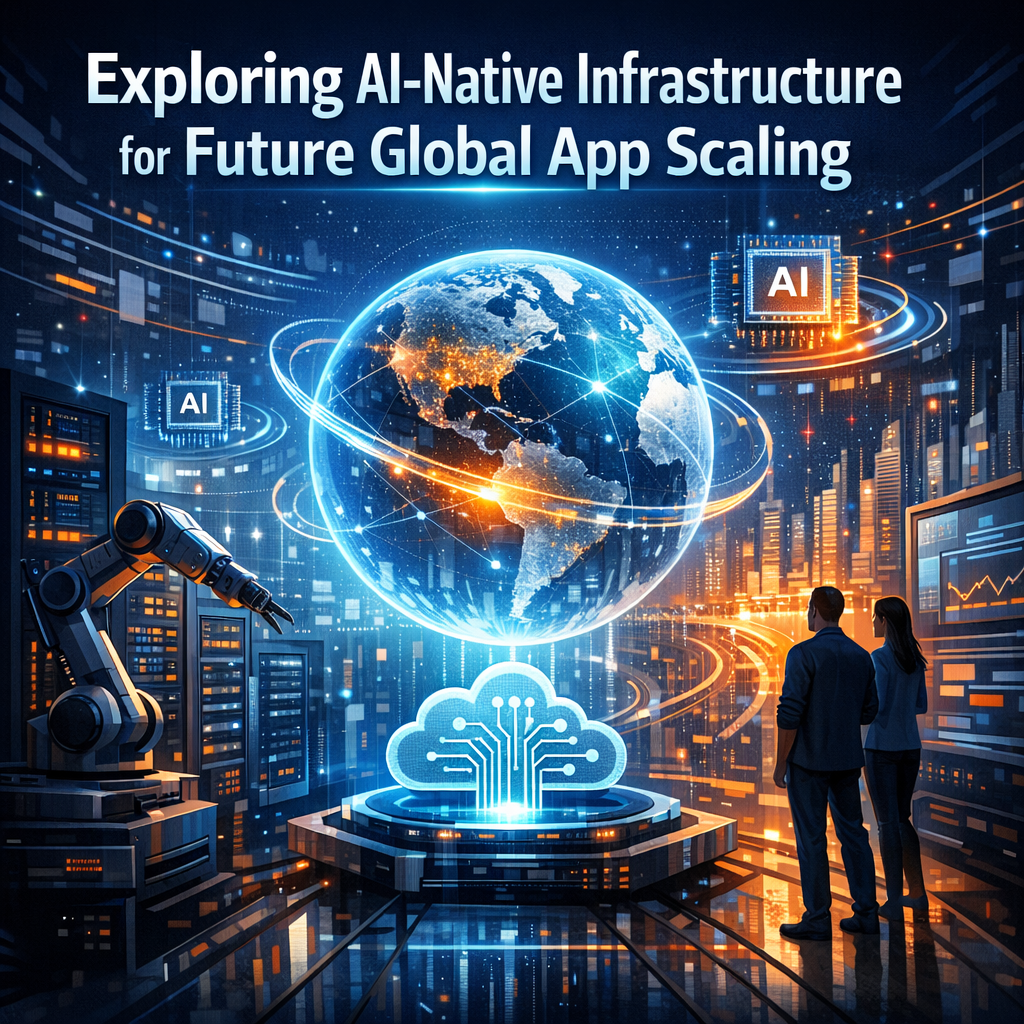 Futuristic digital globe surrounded by AI-native infrastructure icons, representing global app scaling.