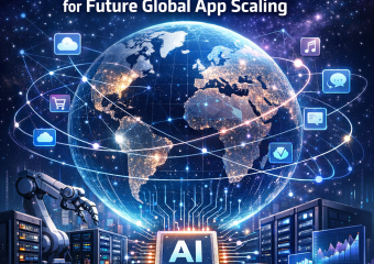 Illustration of global AI-native infrastructure with cloud computing, data networks, and robotic icons interconnected.