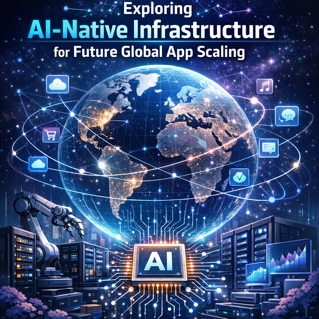Illustration of global AI-native infrastructure with cloud computing, data networks, and robotic icons interconnected.