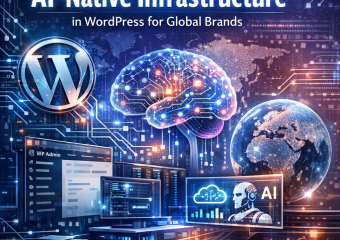 Graphic of AI integration in WordPress, showcasing global brands and technological elements.