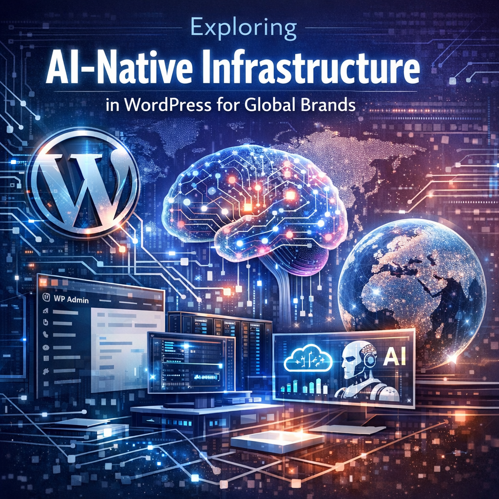 Graphic of AI integration in WordPress, showcasing global brands and technological elements.