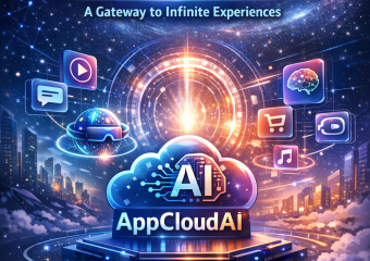 Futuristic digital illustration of the AppCloudAI ecosystem as a gateway to AI-driven experiences.