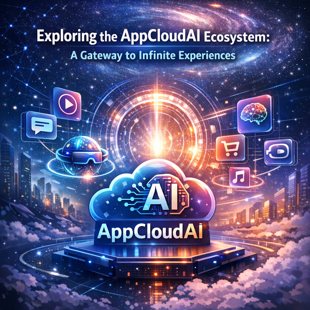 Futuristic digital illustration of the AppCloudAI ecosystem as a gateway to AI-driven experiences.