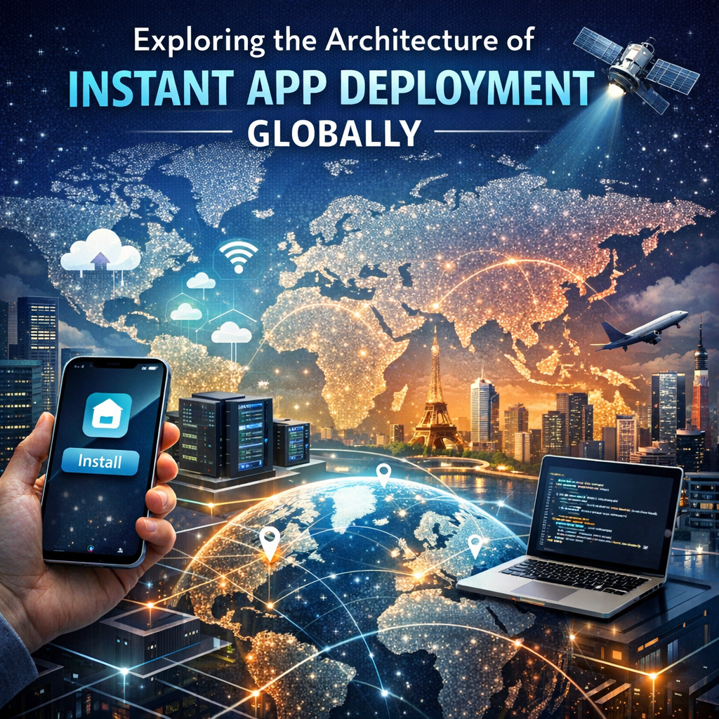 Illustration of mobile devices, cloud computing, and satellite connections depicting global app deployment architecture.