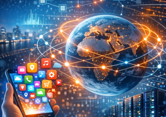 Smartphone with Earth network visualization depicting global digital connectivity for app deployment.