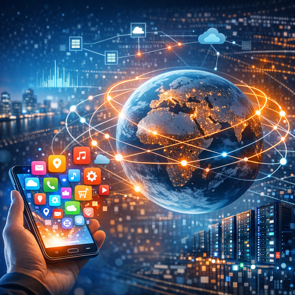 Smartphone with Earth network visualization depicting global digital connectivity for app deployment.