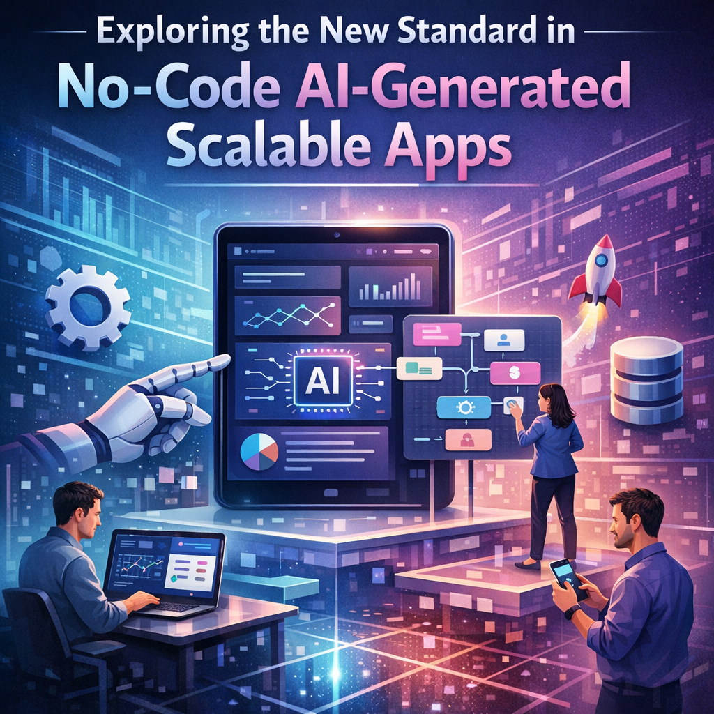 Graphic showing a futuristic no-code AI app platform with icons of automation and technology.