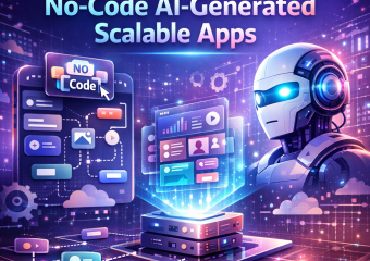 Futuristic robot interacting with a digital interface displaying no-code AI-generated scalable apps.