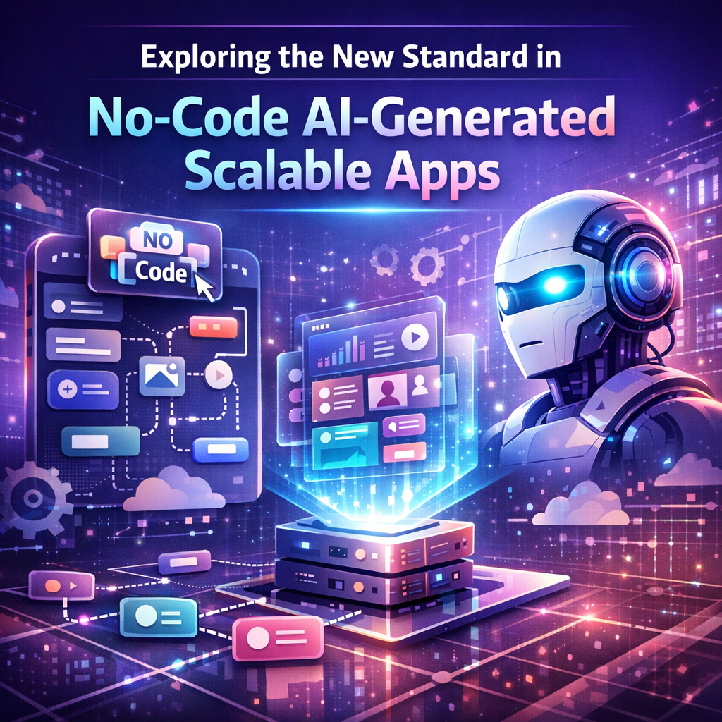 Futuristic robot interacting with a digital interface displaying no-code AI-generated scalable apps.
