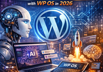Screenshot of a WordPress dashboard on WP OS, featuring AI integration tools and a 2026 timestamp.