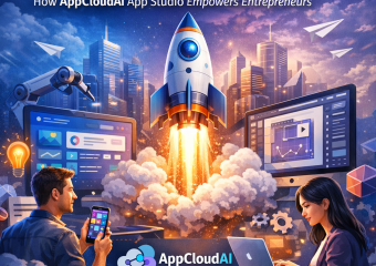 Entrepreneur brainstorming with AppCloudAI App Studio on a computer showing the app interface.