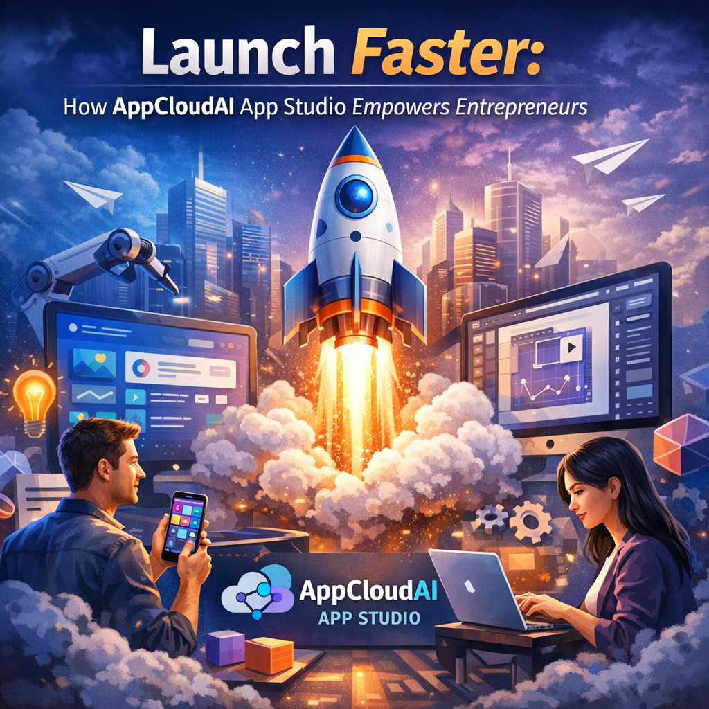 Entrepreneur brainstorming with AppCloudAI App Studio on a computer showing the app interface.