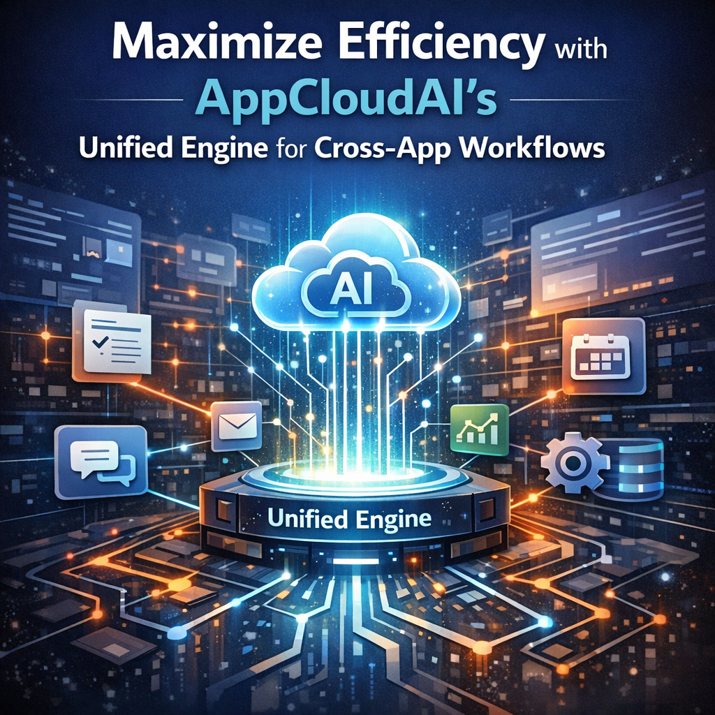 Illustration of a digital workflow diagram connecting multiple applications, labeled "AppCloudAI."
