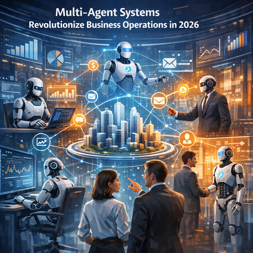 Futuristic office with AI-driven robots and digital screens displaying dynamic charts, embodying multi-agent systems in 2026.