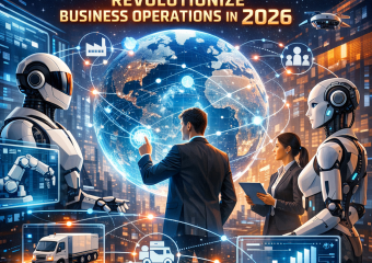 Futuristic illustration of multi-agent systems with AI and robots transforming business operations in 2026.