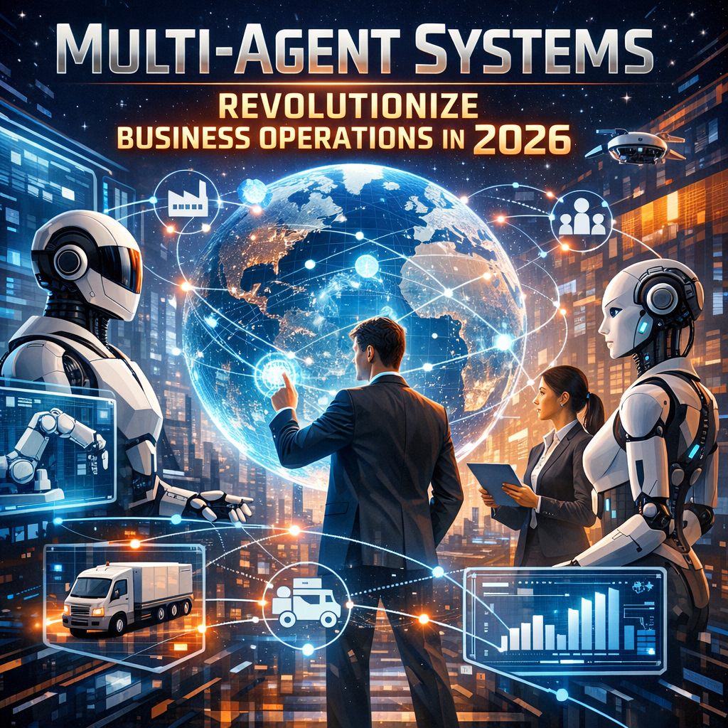 Futuristic illustration of multi-agent systems with AI and robots transforming business operations in 2026.