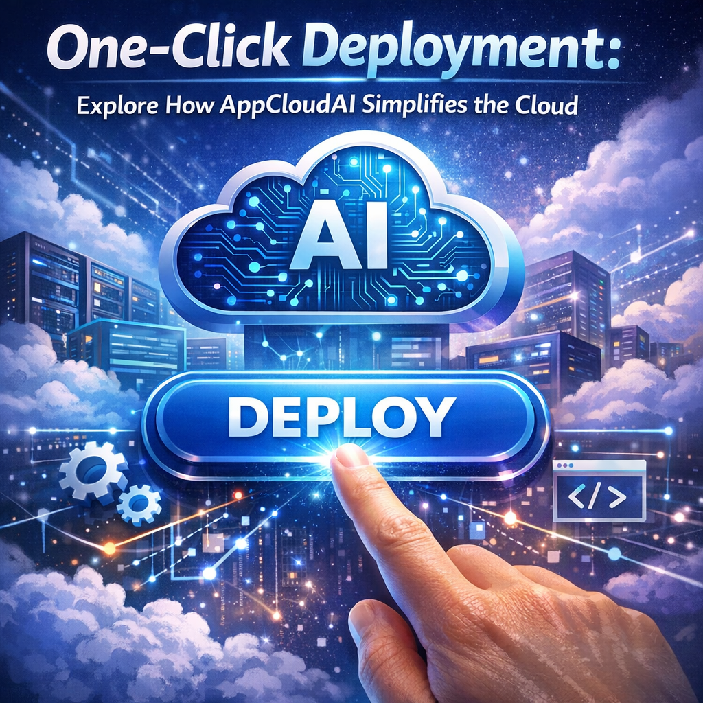Graphic of a button labeled "Deploy with AppCloudAI" surrounded by simplified cloud icons.