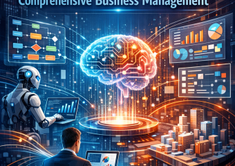 A flowchart depicting optimization of AI workflows in business management, with icons for data analytics and automation.