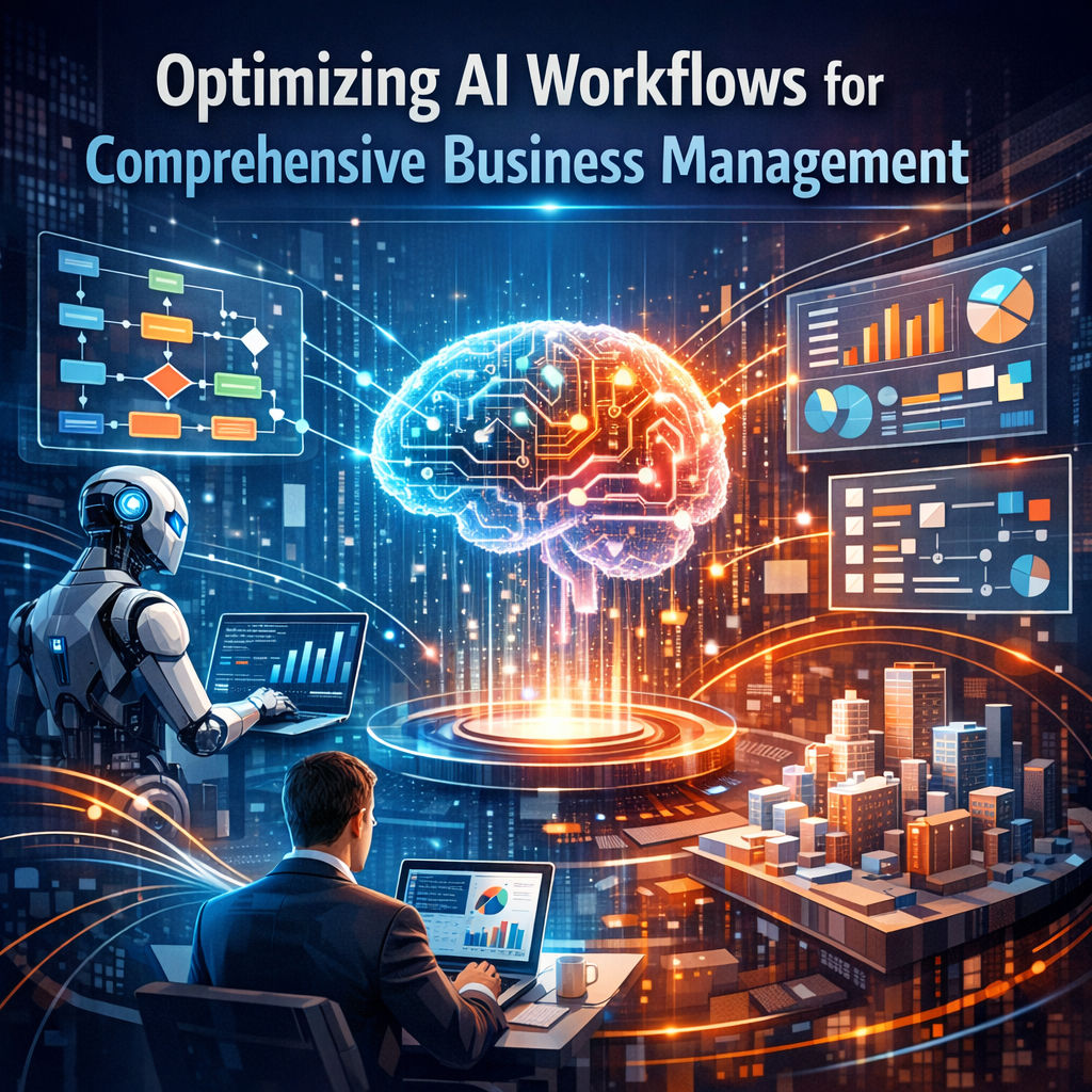 A flowchart depicting optimization of AI workflows in business management, with icons for data analytics and automation.