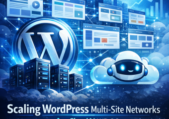 Illustration of network nodes connected by lines, symbolizing WordPress multi-site scaling using AppCloudAI WP OS.