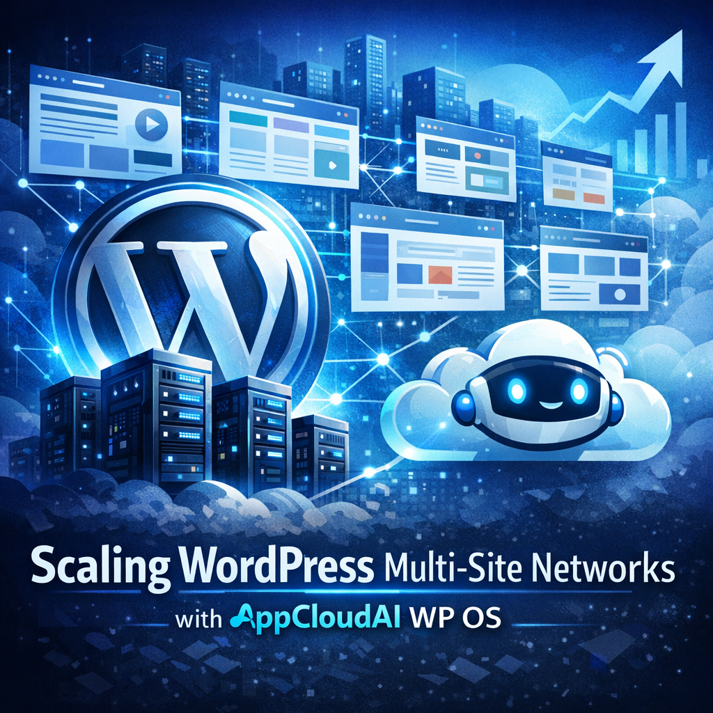 Illustration of network nodes connected by lines, symbolizing WordPress multi-site scaling using AppCloudAI WP OS.