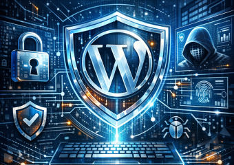 Illustration of a shield with a WordPress logo, symbolizing enhanced cybersecurity measures.