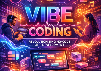 Illustrative graphic showing a vibrant, digital technology-themed representation of no-code app development using Vibe Coding