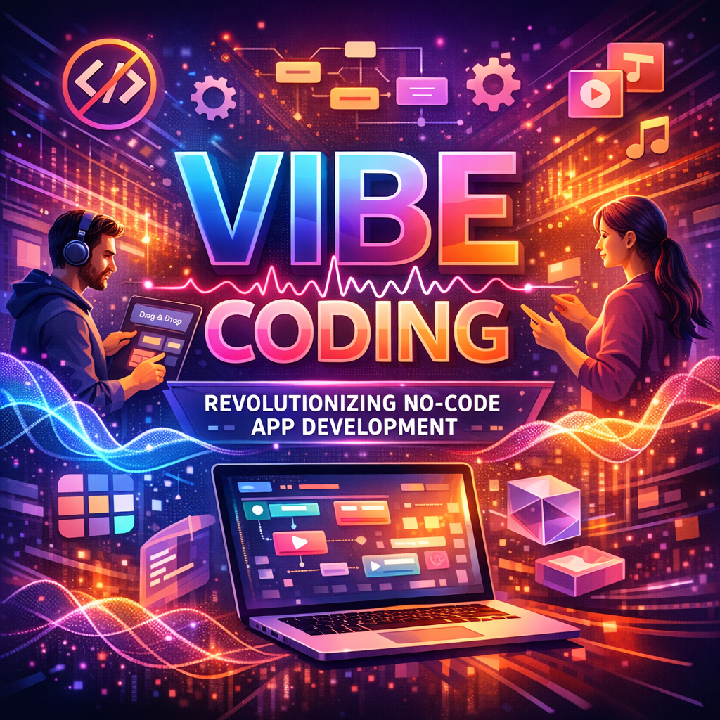 Illustrative graphic showing a vibrant, digital technology-themed representation of no-code app development using Vibe Coding