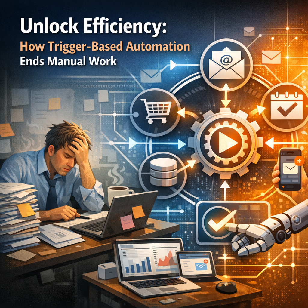 Illustration of robotic arms and software icons representing trigger-based automation replacing manual labor.