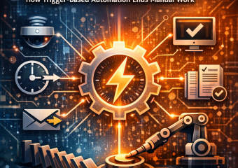 Illustration of digital and mechanical gears connected by automated triggers, symbolizing efficiency.